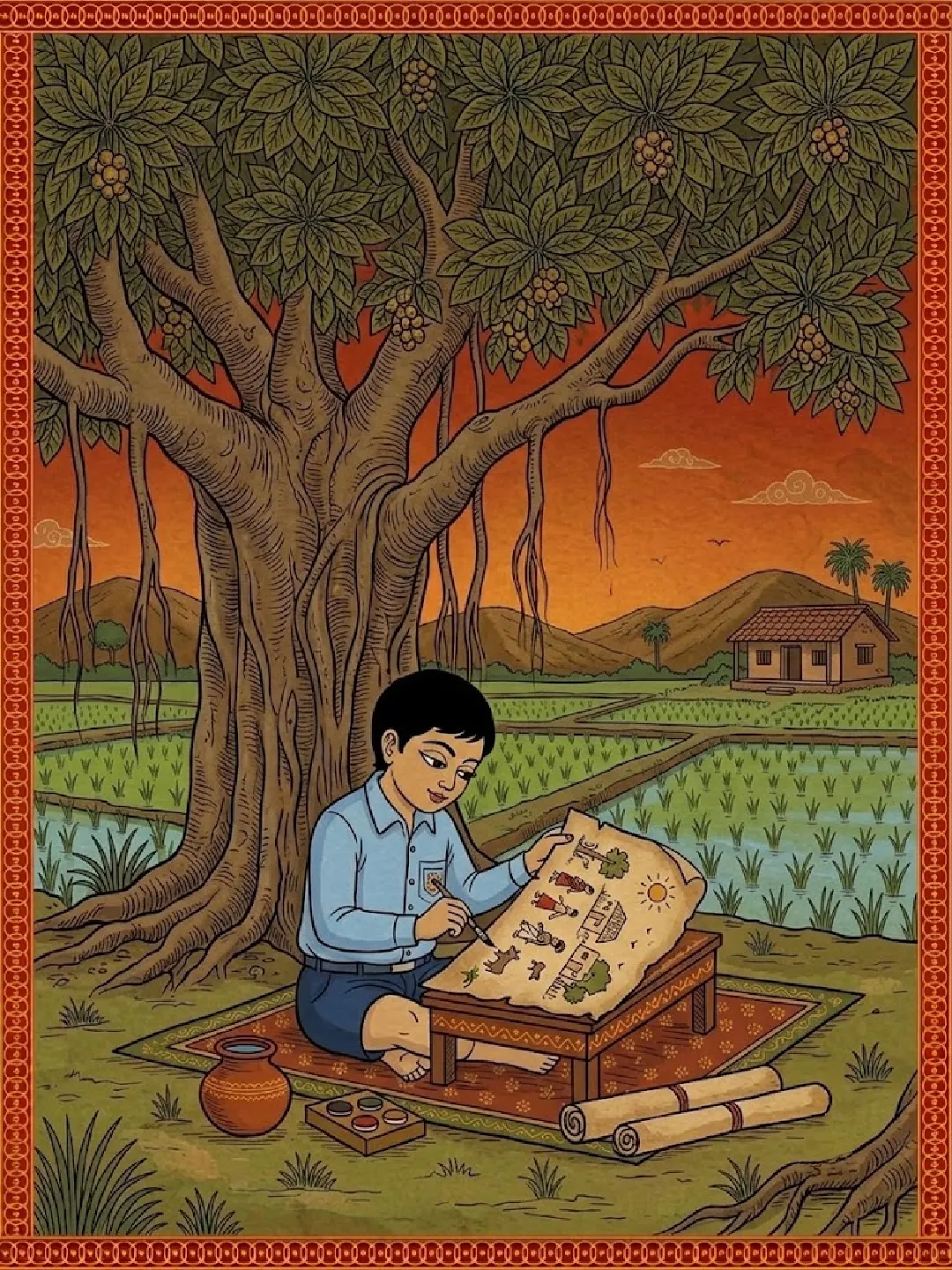 Child painting a rice field artwork